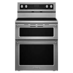 KitchenAid 30-in Smooth Surface Glass Top 5 Elements 4.2-cu ft / 2.5-cu ft Self-cleaning Convection Oven Freestanding Double Oven Electric Range (Stainless Steel) - Appliance Discount Outlet