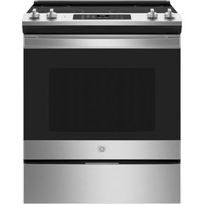 GE 30-in Smooth Surface Glass Top 4 Elements 5.3-cu ft Self-Cleaning Slide-in Electric Range (Stainless Steel) - Appliance Discount Outlet