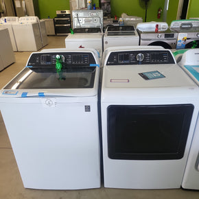 GE Profile 5.4 cuft Top Load Washer and 7.4 cu. ft. Electric Dryer Set in White - Appliance Discount Outlet